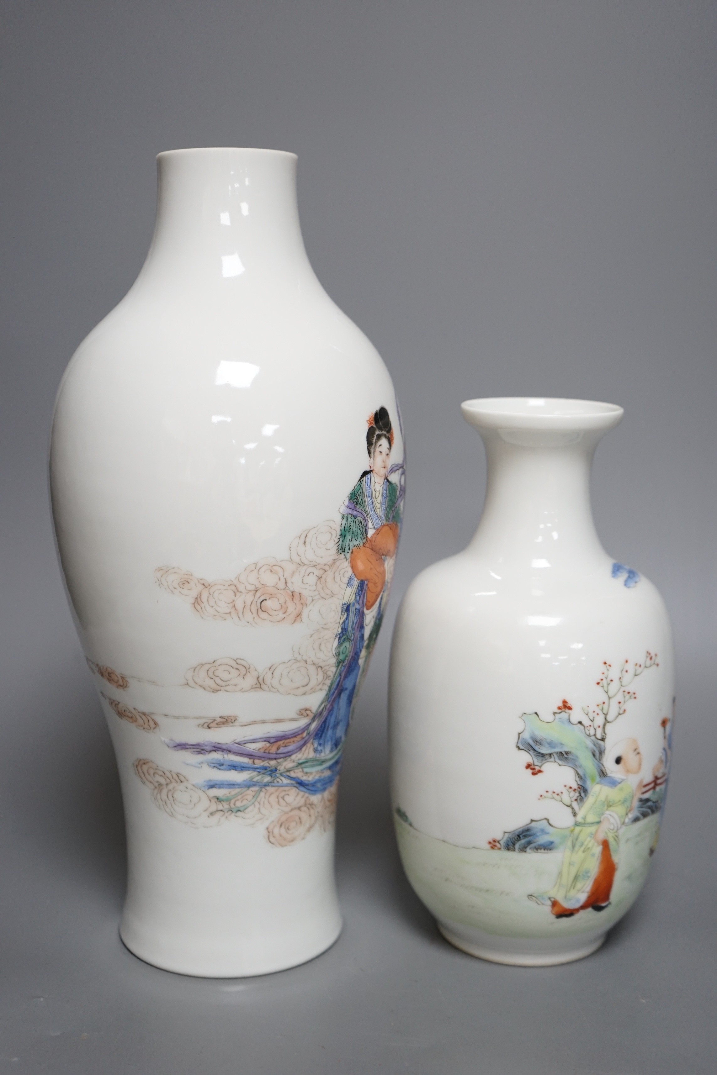 A Chinese Republic period famille rose ‘fairies’ vase (cut down) and a Chinese Republic period ‘boys’ vase, both with pseudo Qianlong marks, Tallest 31cm